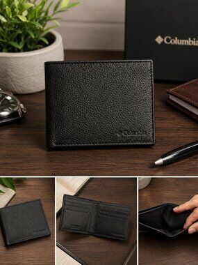Columbia Black Genuine Leather Slim Bifold Wallet Card Holder